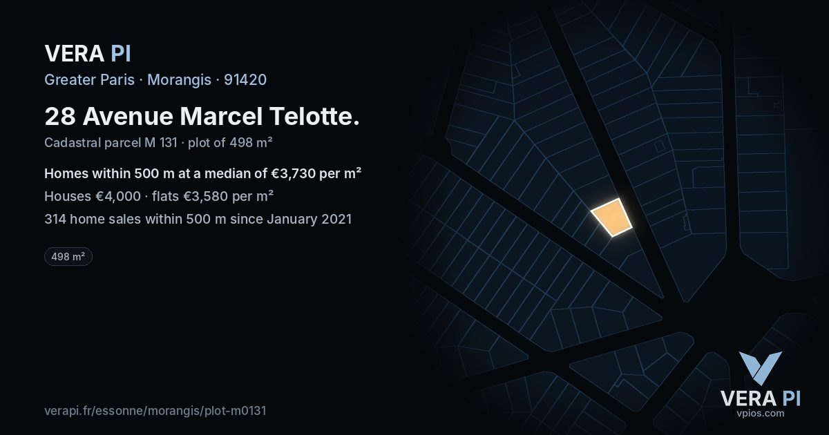 28 Avenue Marcel Telotte, Morangis at night – the plot lit, the parcels around coloured by the prices near them