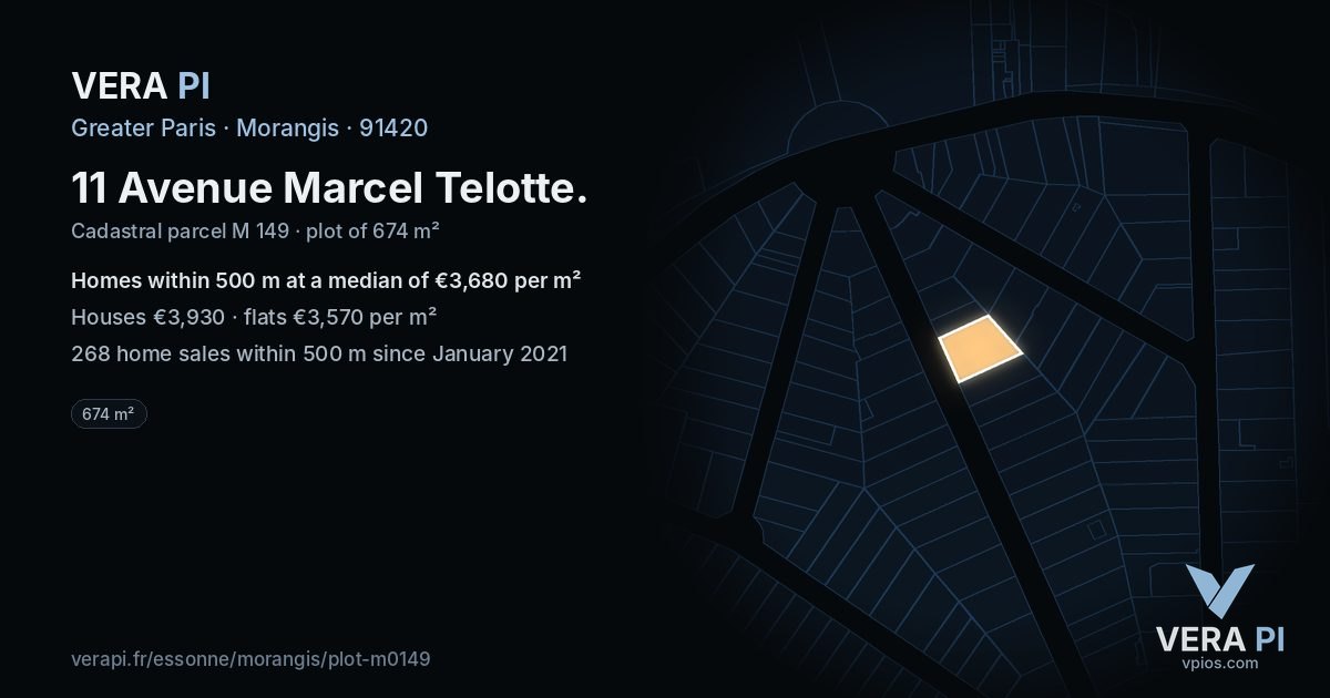 11 Avenue Marcel Telotte, Morangis at night – the plot lit, the parcels around coloured by the prices near them
