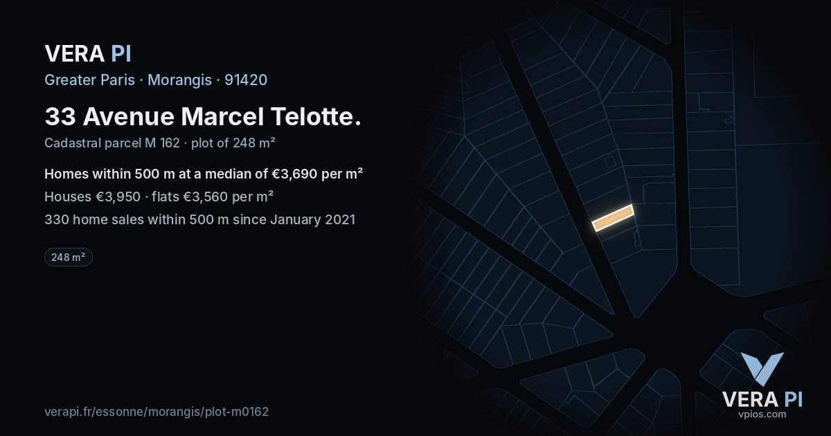 33 Avenue Marcel Telotte, Morangis at night – the plot lit, the parcels around coloured by the prices near them