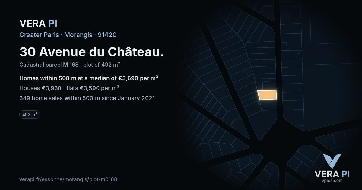 30 Avenue du Château, Morangis at night – the plot lit, the parcels around coloured by the prices near them