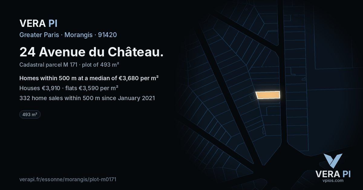 24 Avenue du Château, Morangis at night – the plot lit, the parcels around coloured by the prices near them