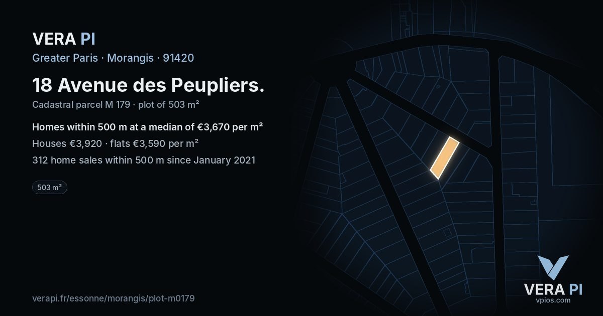 18 Avenue des Peupliers, Morangis at night – the plot lit, the parcels around coloured by the prices near them