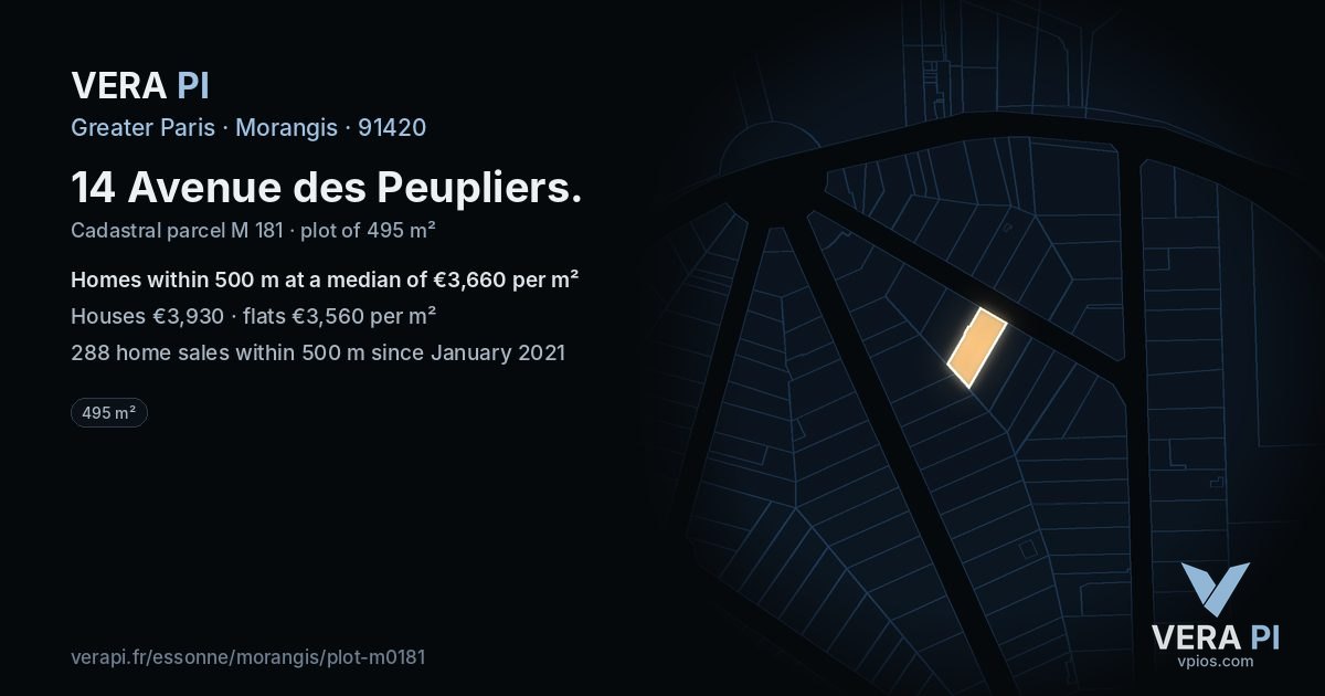 14 Avenue des Peupliers, Morangis at night – the plot lit, the parcels around coloured by the prices near them