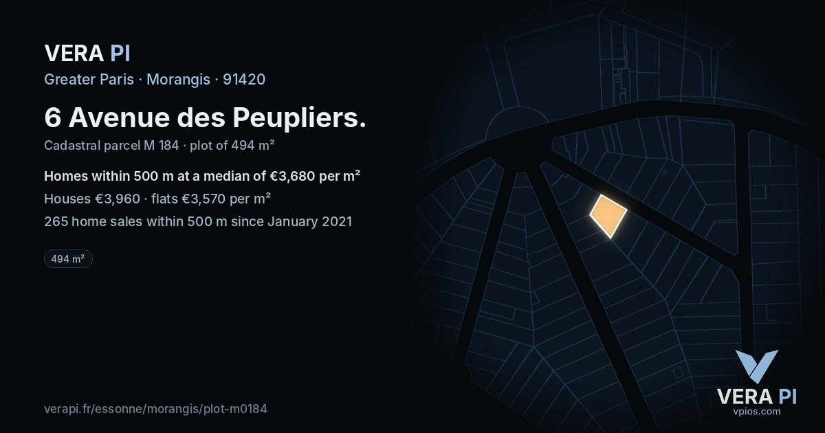 6 Avenue des Peupliers, Morangis at night – the plot lit, the parcels around coloured by the prices near them