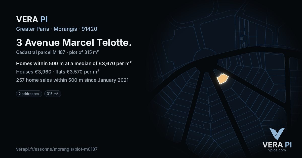 3 Avenue Marcel Telotte, Morangis at night – the plot lit, the parcels around coloured by the prices near them