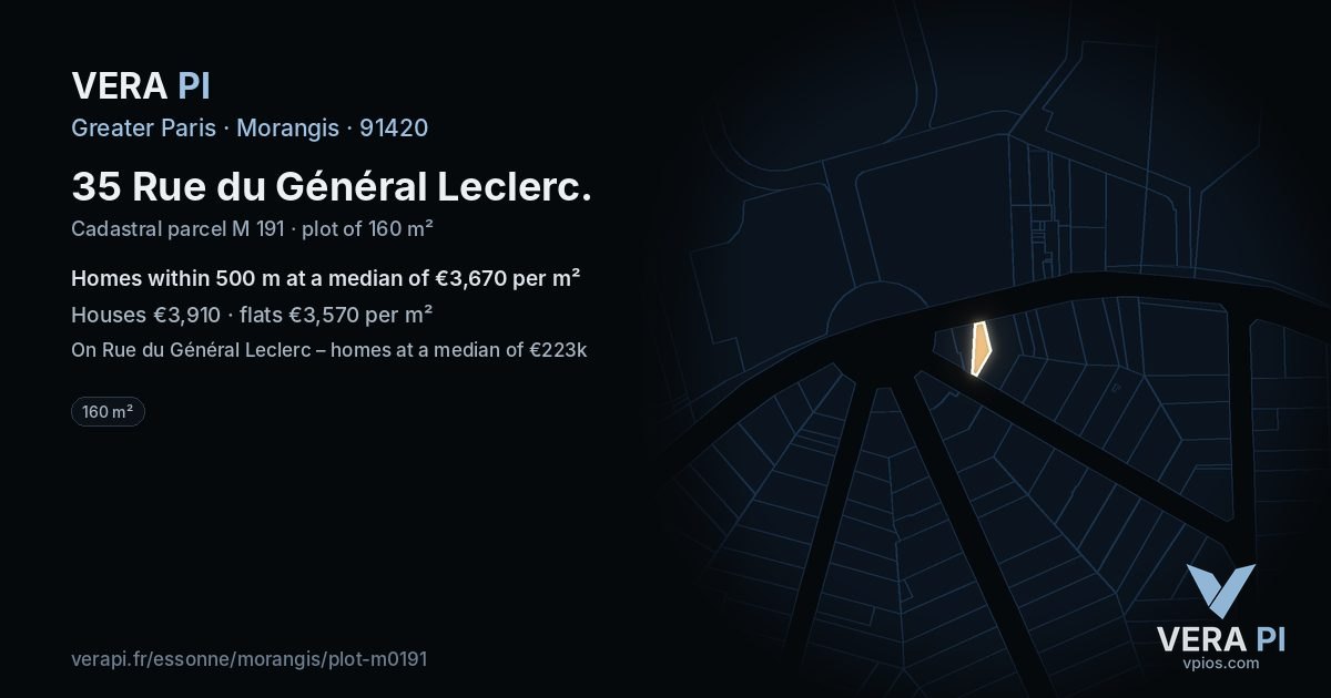 35 Rue du Général Leclerc, Morangis at night – the plot lit, the parcels around coloured by the prices near them