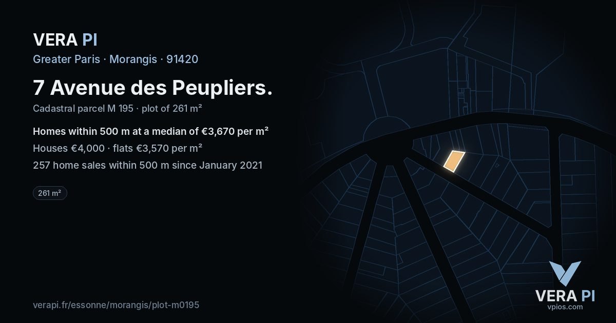 7 Avenue des Peupliers, Morangis at night – the plot lit, the parcels around coloured by the prices near them