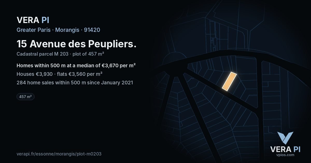 15 Avenue des Peupliers, Morangis at night – the plot lit, the parcels around coloured by the prices near them