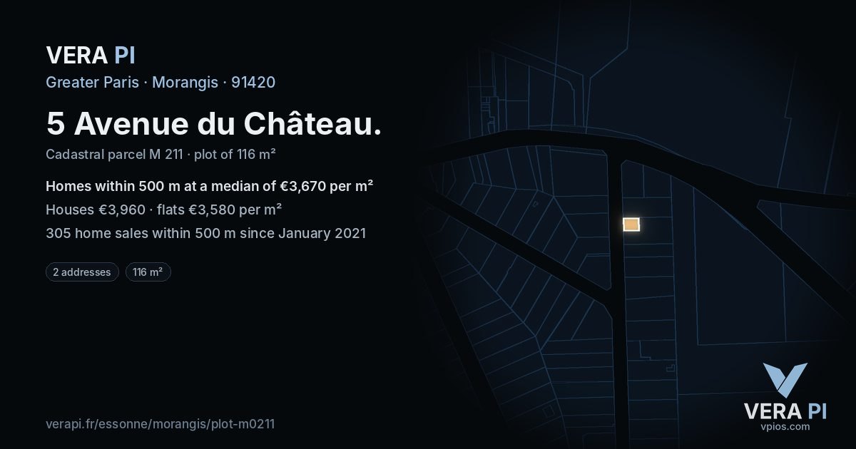 5 Avenue du Château, Morangis at night – the plot lit, the parcels around coloured by the prices near them