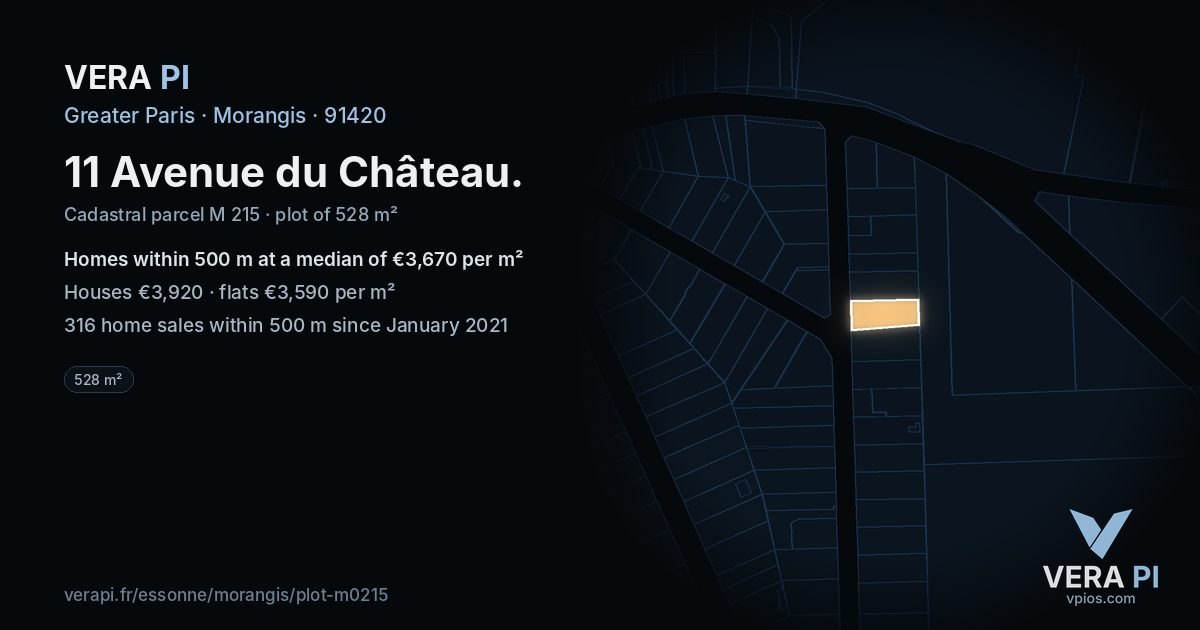 11 Avenue du Château, Morangis at night – the plot lit, the parcels around coloured by the prices near them