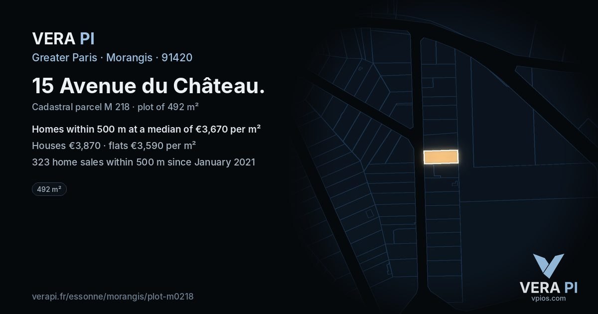 15 Avenue du Château, Morangis at night – the plot lit, the parcels around coloured by the prices near them
