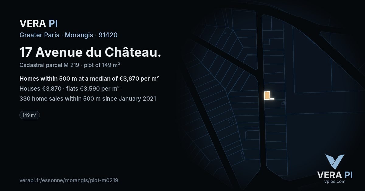 17 Avenue du Château, Morangis at night – the plot lit, the parcels around coloured by the prices near them