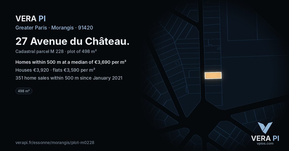 27 Avenue du Château, Morangis at night – the plot lit, the parcels around coloured by the prices near them
