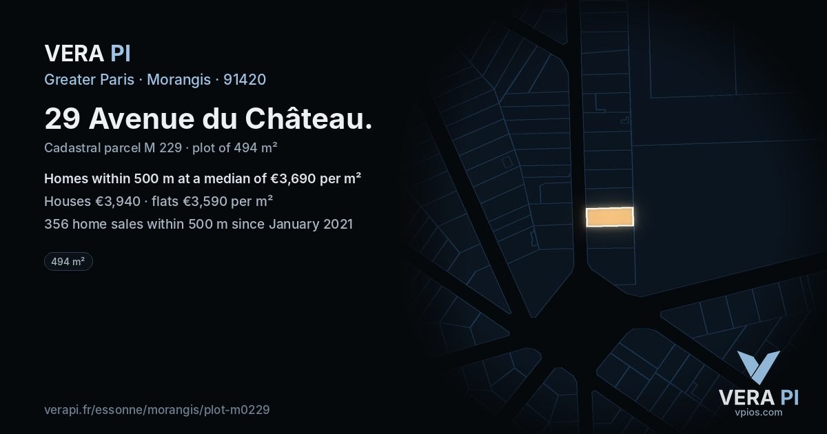 29 Avenue du Château, Morangis at night – the plot lit, the parcels around coloured by the prices near them