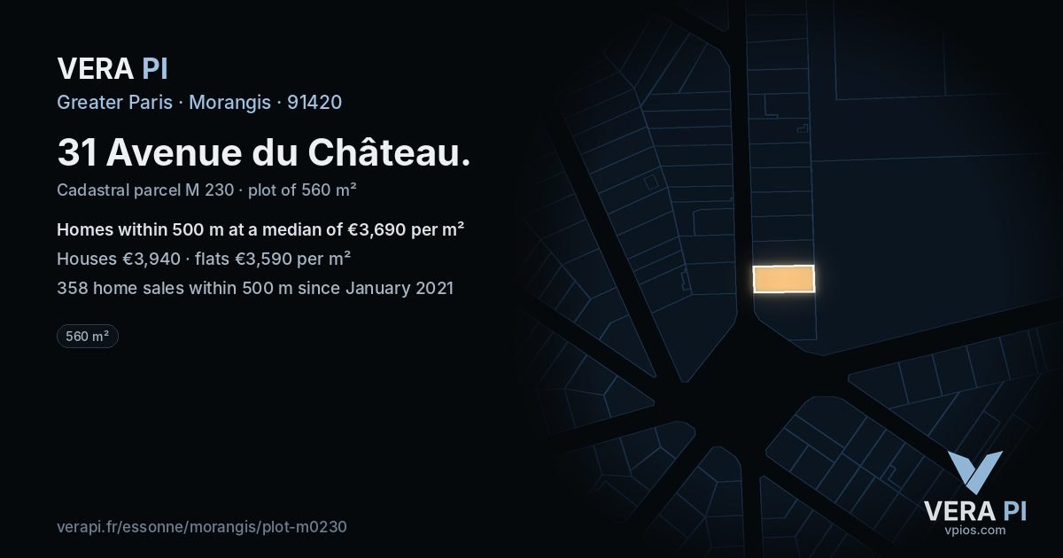 31 Avenue du Château, Morangis at night – the plot lit, the parcels around coloured by the prices near them