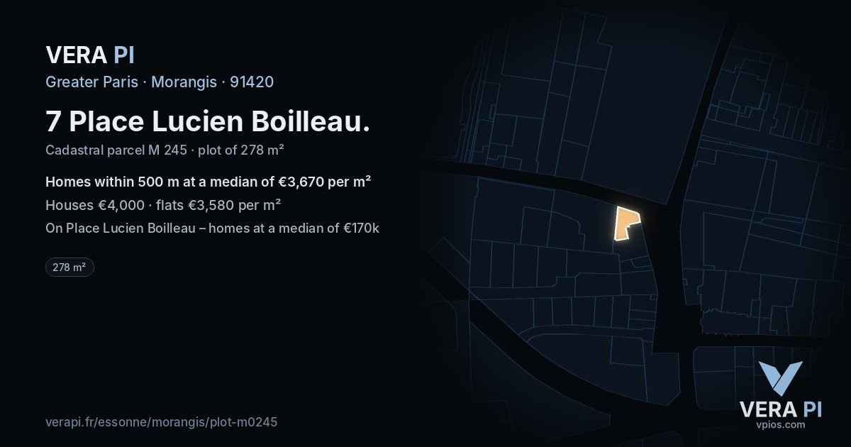 7 Place Lucien Boilleau, Morangis at night – the plot lit, the parcels around coloured by the prices near them
