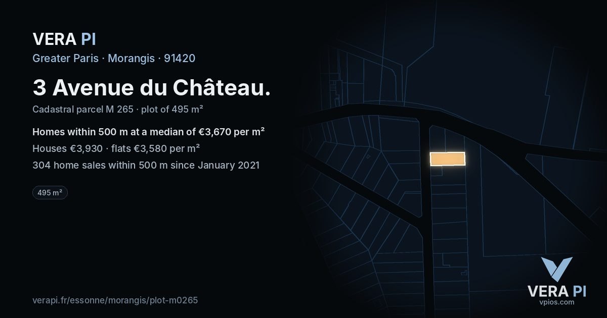 3 Avenue du Château, Morangis at night – the plot lit, the parcels around coloured by the prices near them
