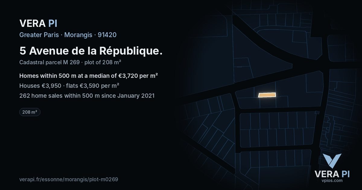 5 Avenue de la République, Morangis at night – the plot lit, the parcels around coloured by the prices near them