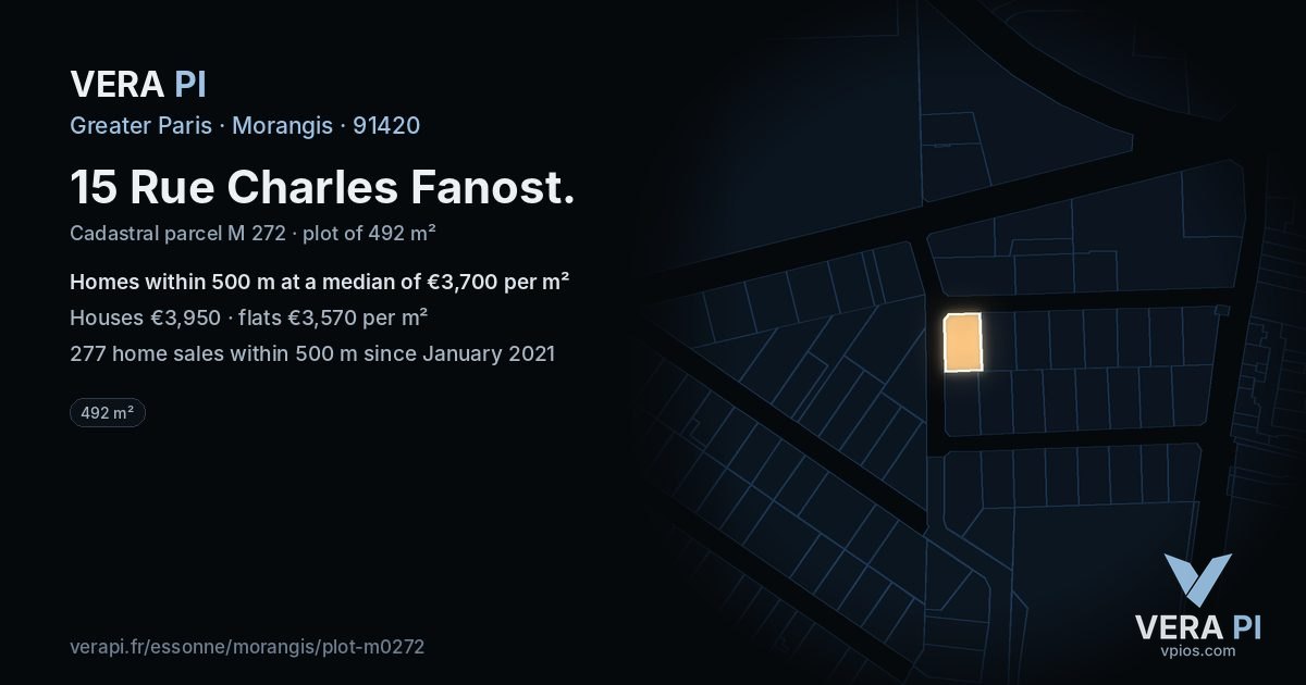 15 Rue Charles Fanost, Morangis at night – the plot lit, the parcels around coloured by the prices near them