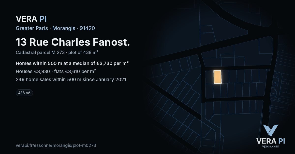 13 Rue Charles Fanost, Morangis at night – the plot lit, the parcels around coloured by the prices near them