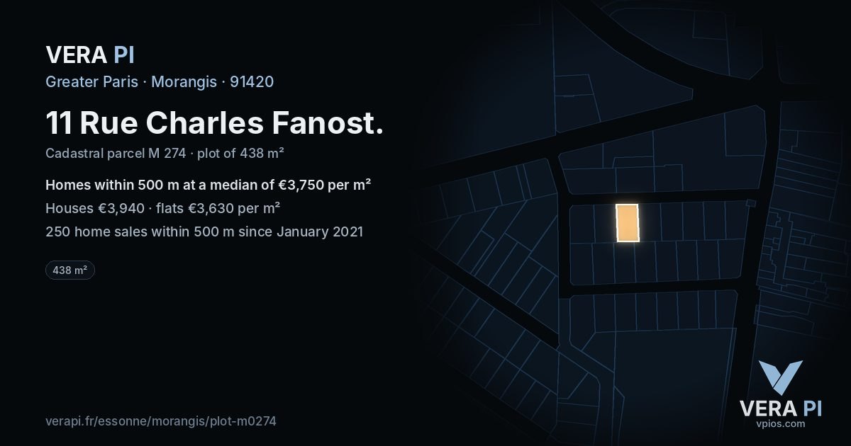 11 Rue Charles Fanost, Morangis at night – the plot lit, the parcels around coloured by the prices near them
