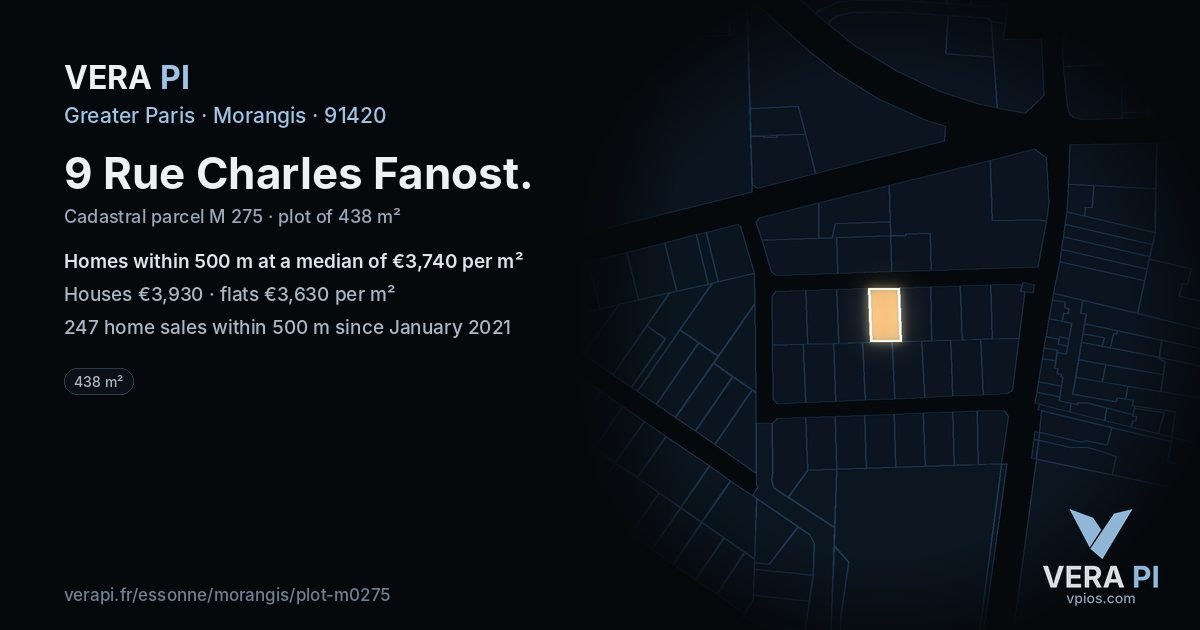 9 Rue Charles Fanost, Morangis at night – the plot lit, the parcels around coloured by the prices near them
