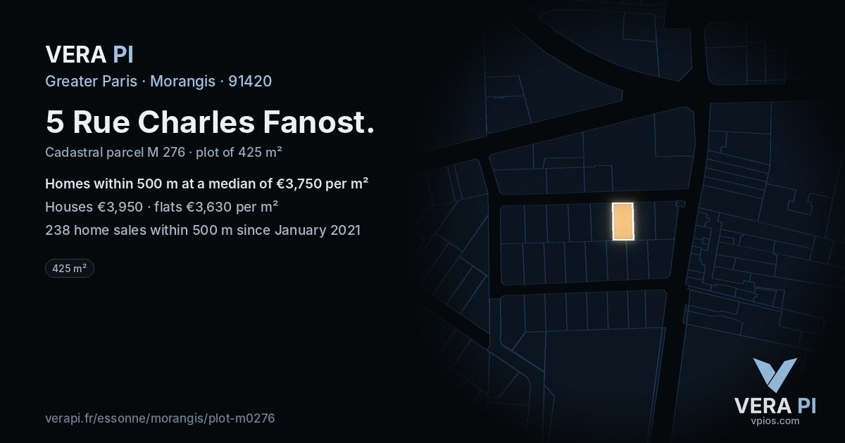 5 Rue Charles Fanost, Morangis at night – the plot lit, the parcels around coloured by the prices near them