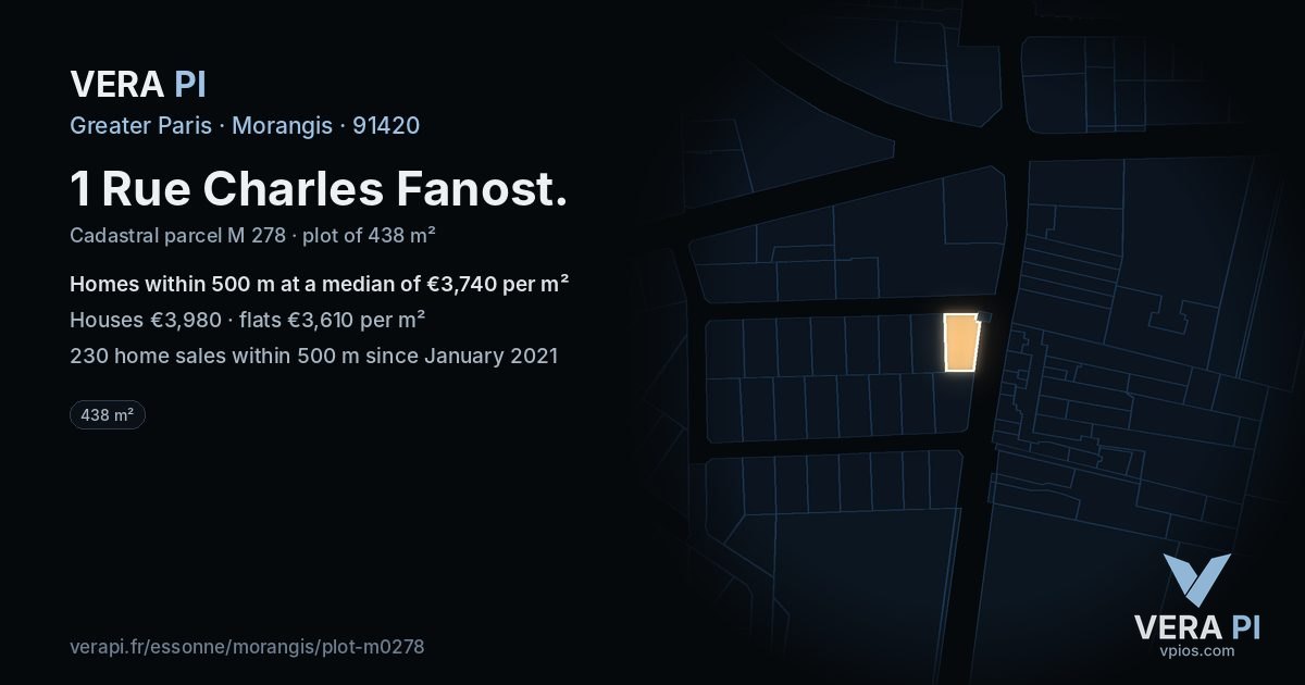 1 Rue Charles Fanost, Morangis at night – the plot lit, the parcels around coloured by the prices near them