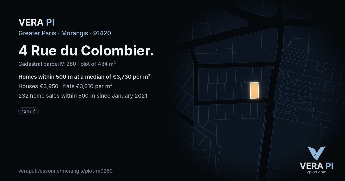 4 Rue du Colombier, Morangis at night – the plot lit, the parcels around coloured by the prices near them