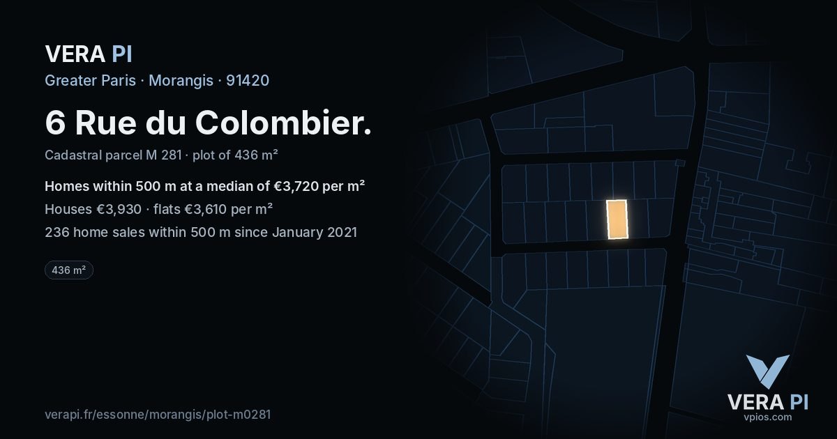 6 Rue du Colombier, Morangis at night – the plot lit, the parcels around coloured by the prices near them