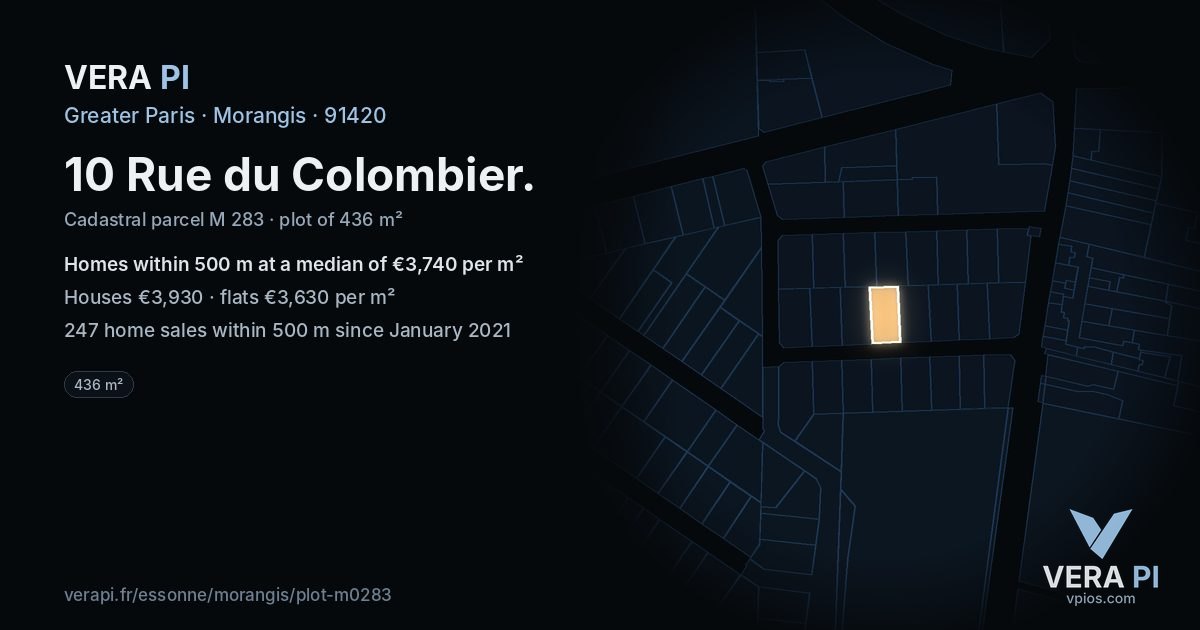 10 Rue du Colombier, Morangis at night – the plot lit, the parcels around coloured by the prices near them