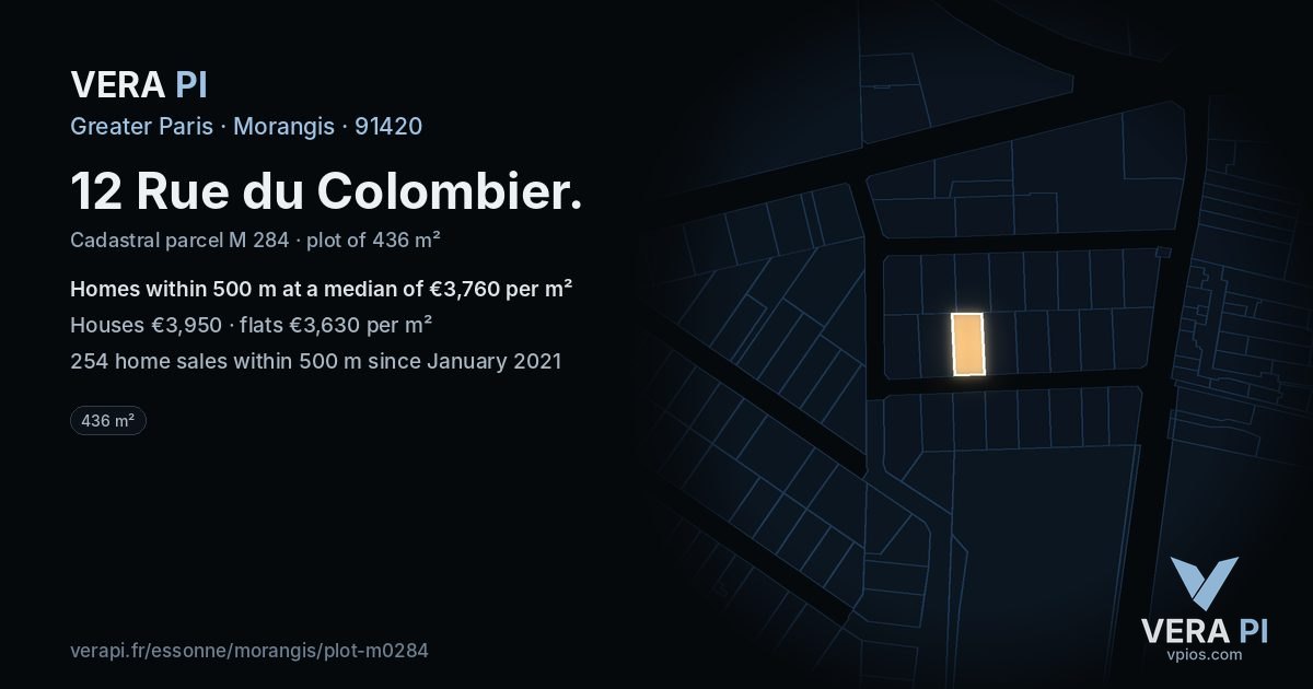 12 Rue du Colombier, Morangis at night – the plot lit, the parcels around coloured by the prices near them
