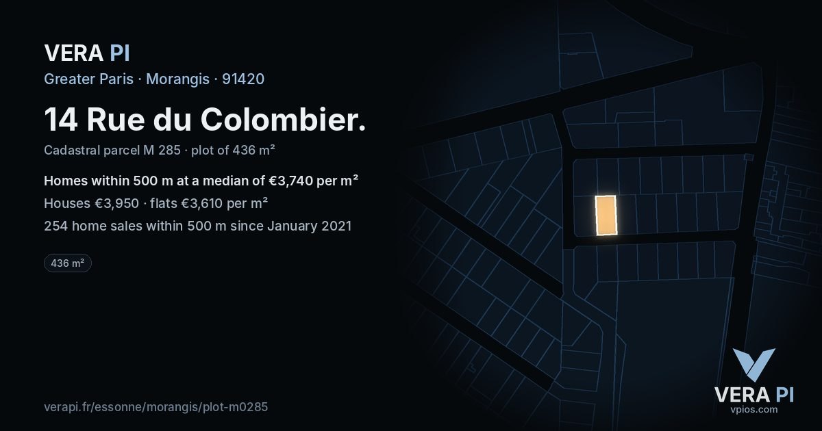 14 Rue du Colombier, Morangis at night – the plot lit, the parcels around coloured by the prices near them
