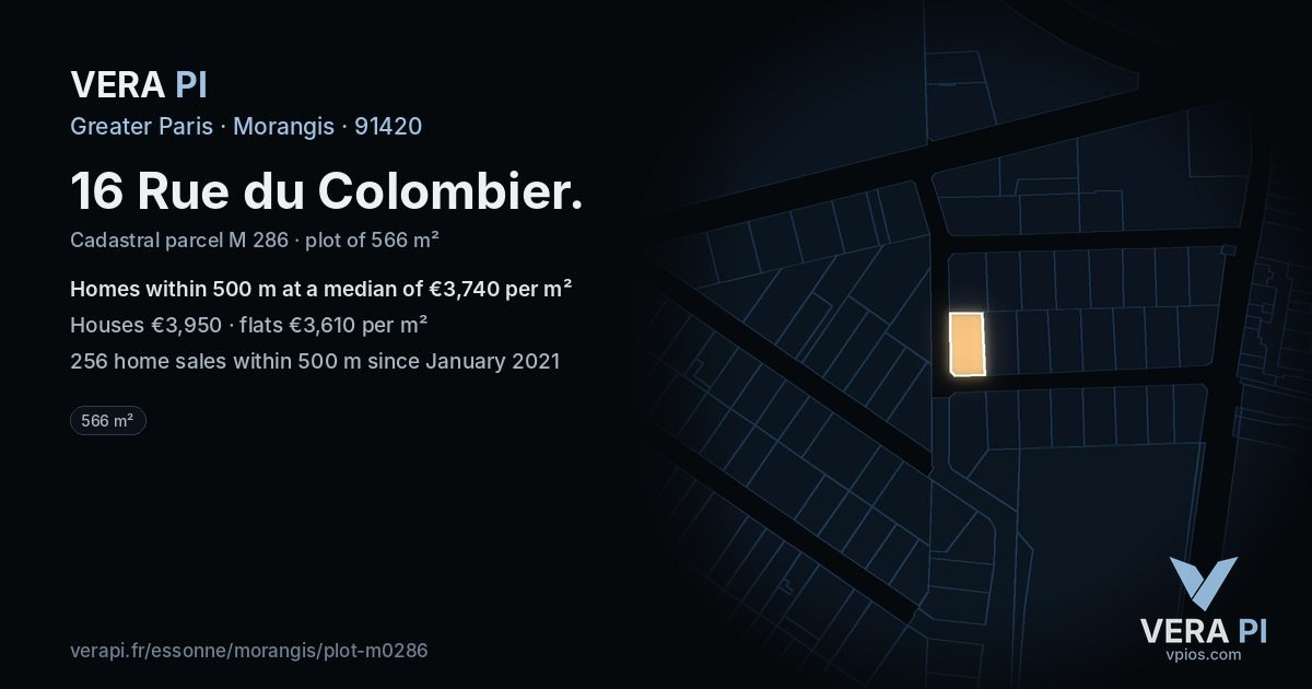 16 Rue du Colombier, Morangis at night – the plot lit, the parcels around coloured by the prices near them