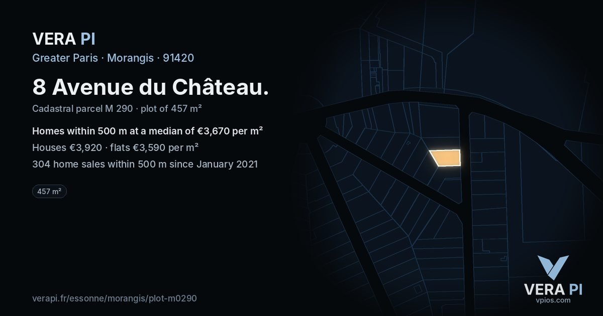 8 Avenue du Château, Morangis at night – the plot lit, the parcels around coloured by the prices near them