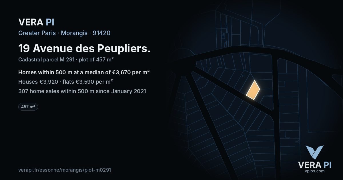 19 Avenue des Peupliers, Morangis at night – the plot lit, the parcels around coloured by the prices near them