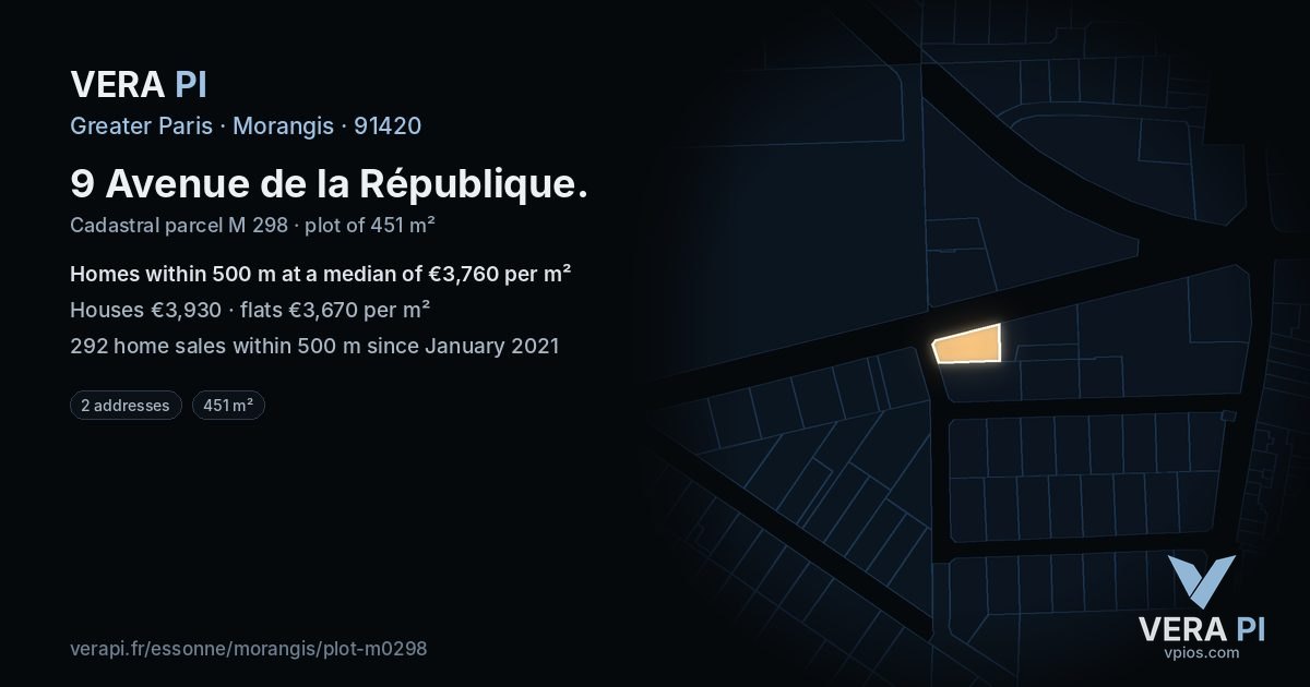 9 Avenue de la République, Morangis at night – the plot lit, the parcels around coloured by the prices near them