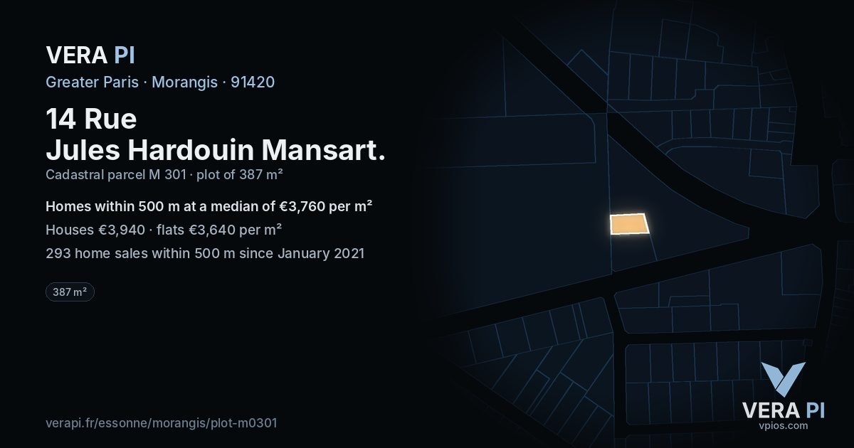 14 Rue Jules Hardouin Mansart, Morangis at night – the plot lit, the parcels around coloured by the prices near them
