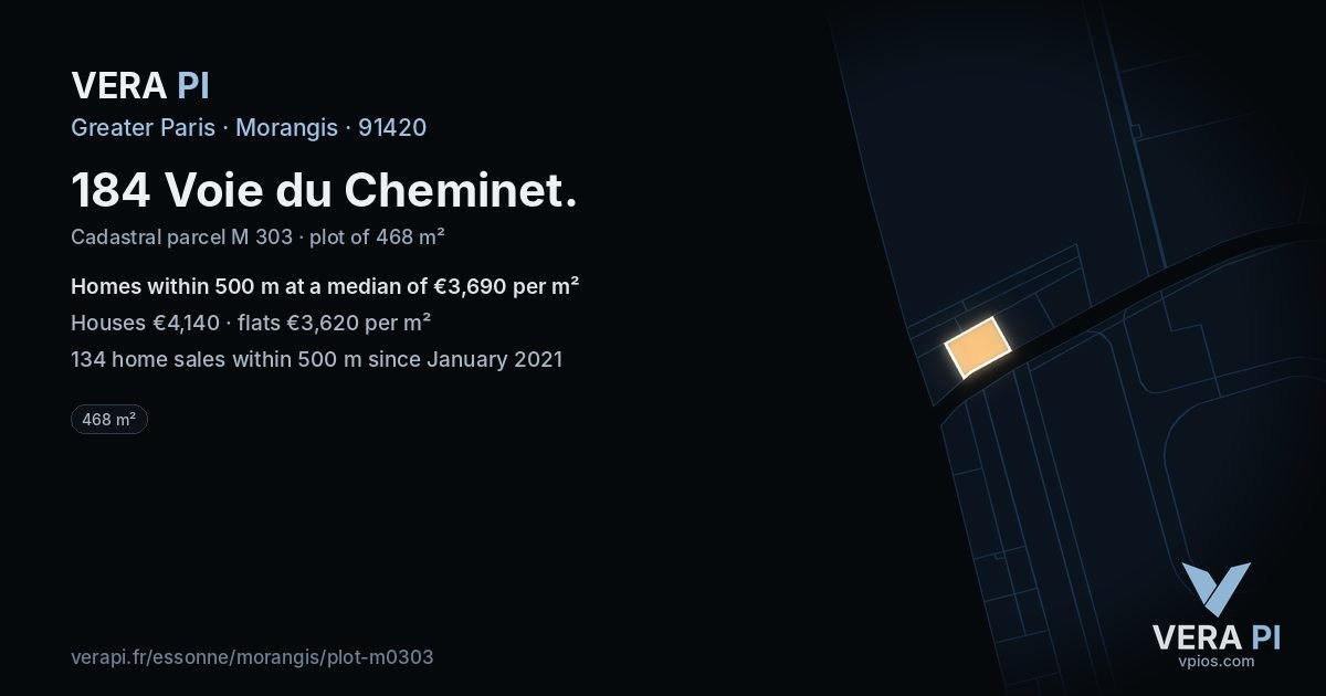 184 Voie du Cheminet, Morangis at night – the plot lit, the parcels around coloured by the prices near them