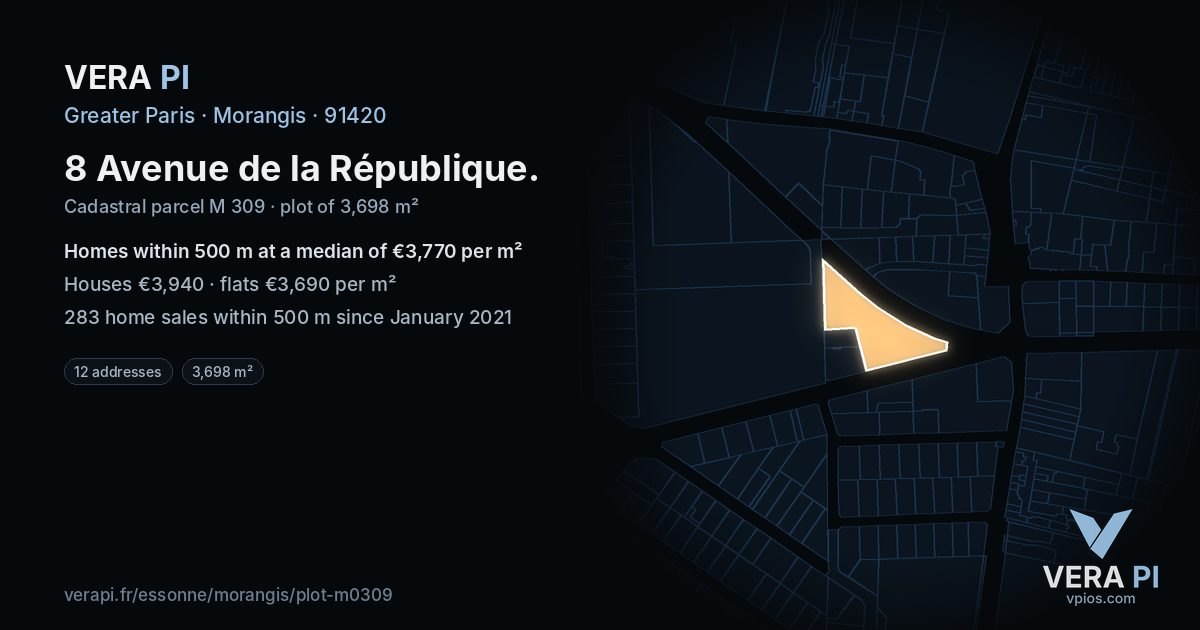 8 Avenue de la République, Morangis at night – the plot lit, the parcels around coloured by the prices near them