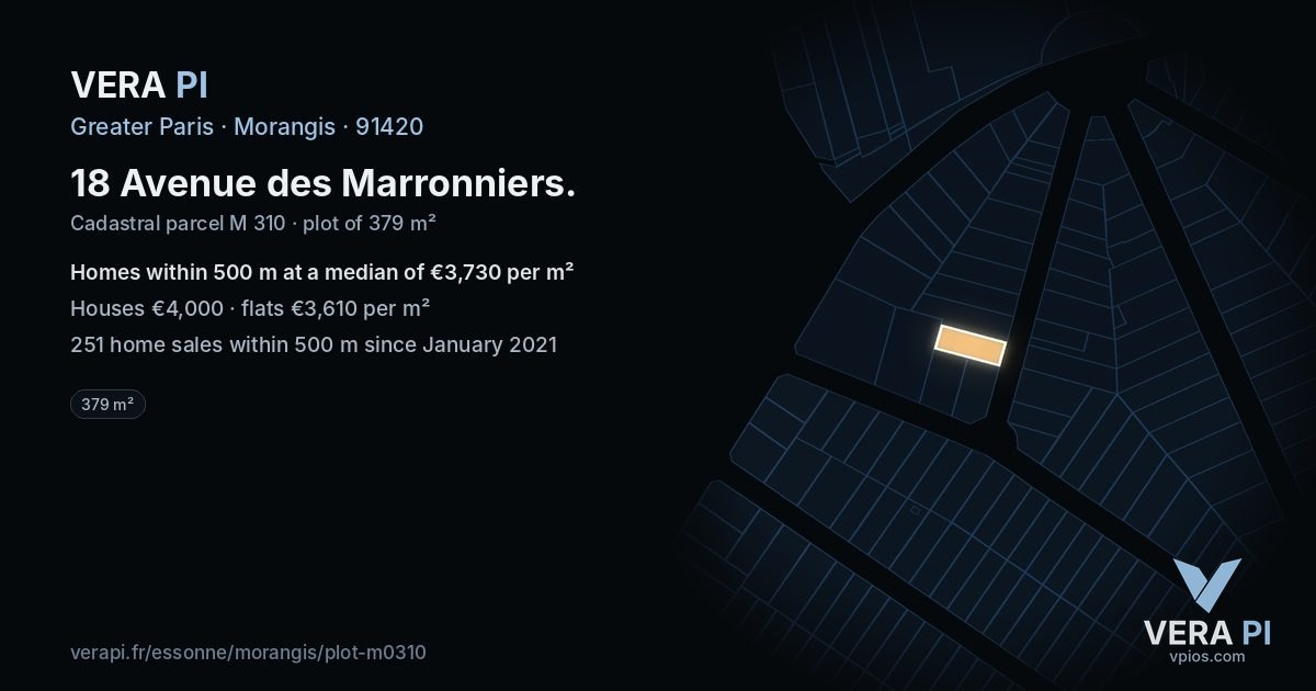 18 Avenue des Marronniers, Morangis at night – the plot lit, the parcels around coloured by the prices near them