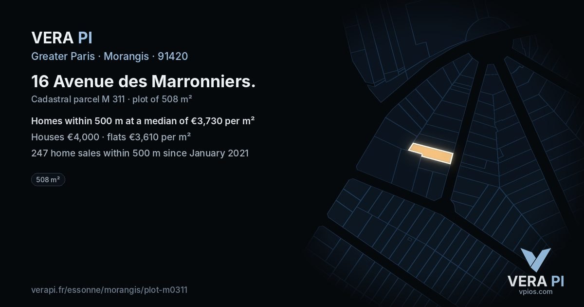16 Avenue des Marronniers, Morangis at night – the plot lit, the parcels around coloured by the prices near them