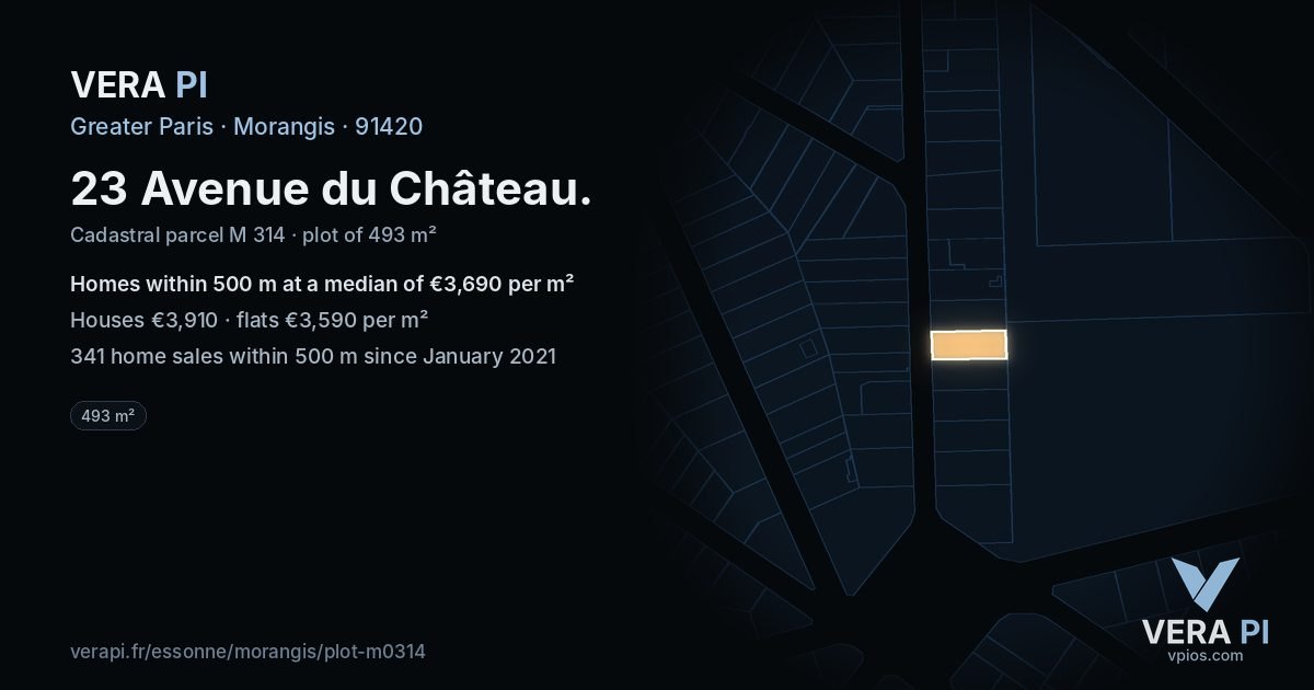 23 Avenue du Château, Morangis at night – the plot lit, the parcels around coloured by the prices near them