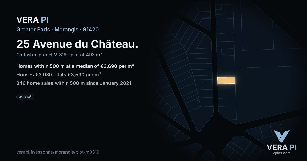 25 Avenue du Château, Morangis at night – the plot lit, the parcels around coloured by the prices near them