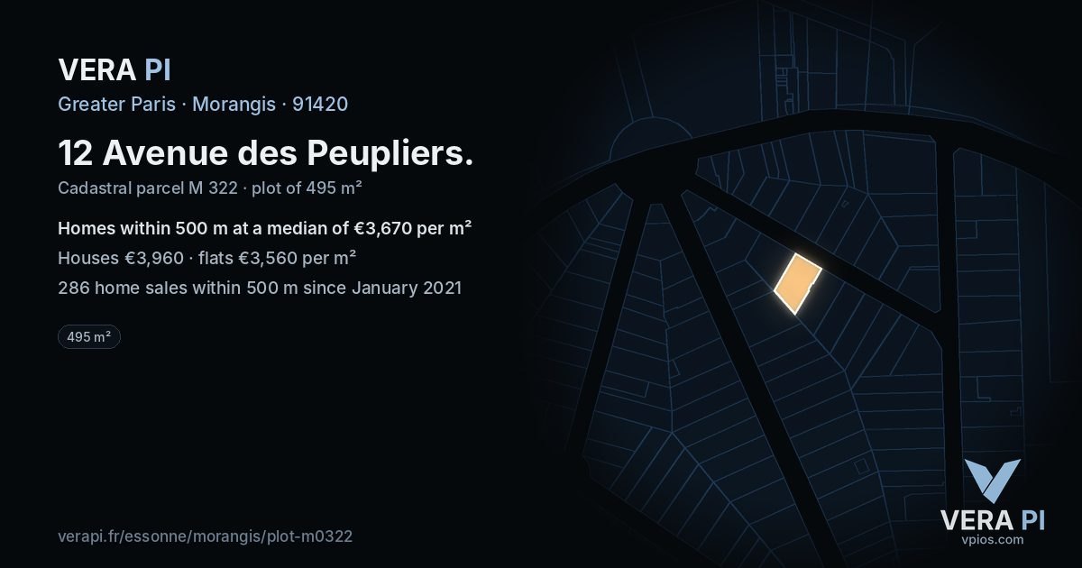 12 Avenue des Peupliers, Morangis at night – the plot lit, the parcels around coloured by the prices near them