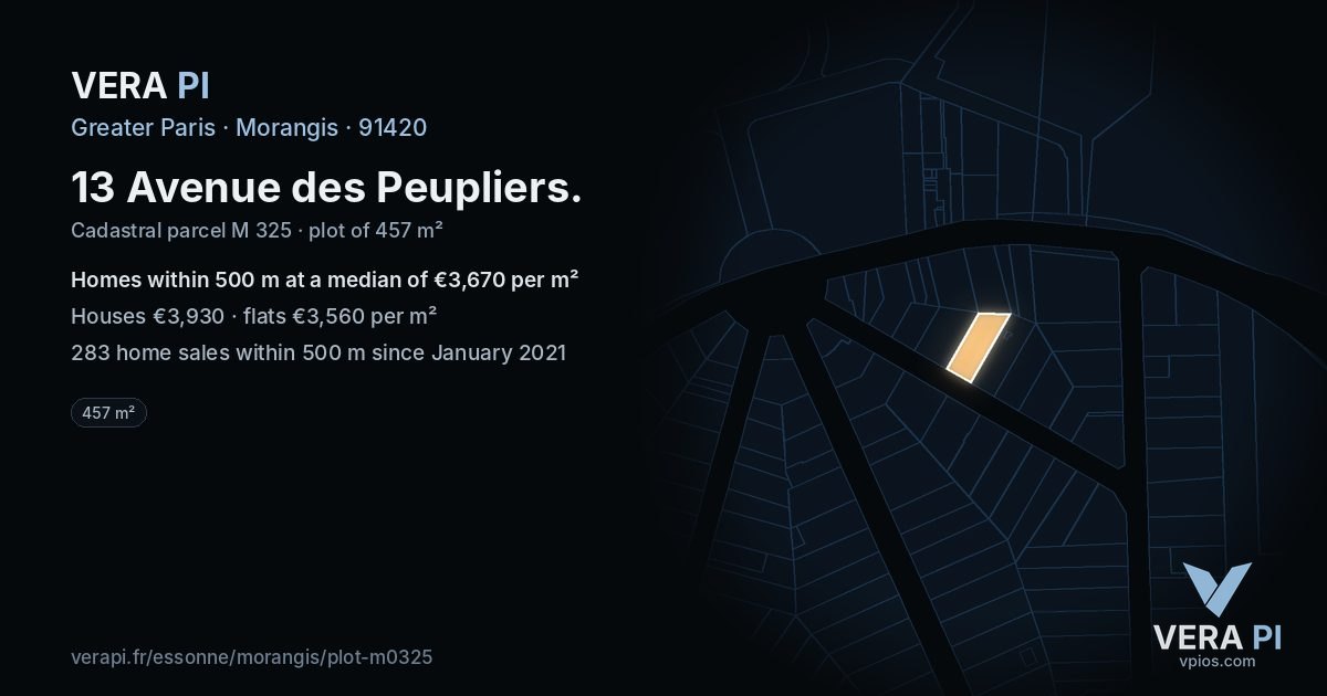 13 Avenue des Peupliers, Morangis at night – the plot lit, the parcels around coloured by the prices near them