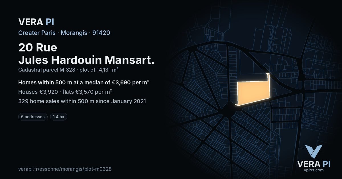 20 Rue Jules Hardouin Mansart, Morangis at night – the plot lit, the parcels around coloured by the prices near them