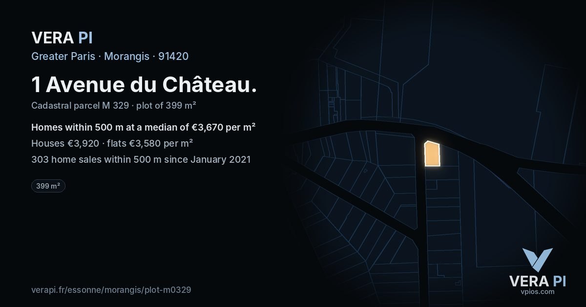 1 Avenue du Château, Morangis at night – the plot lit, the parcels around coloured by the prices near them
