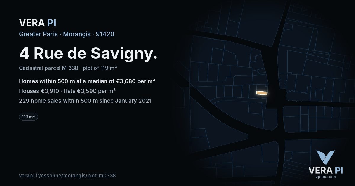 4 Rue de Savigny, Morangis at night – the plot lit, the parcels around coloured by the prices near them