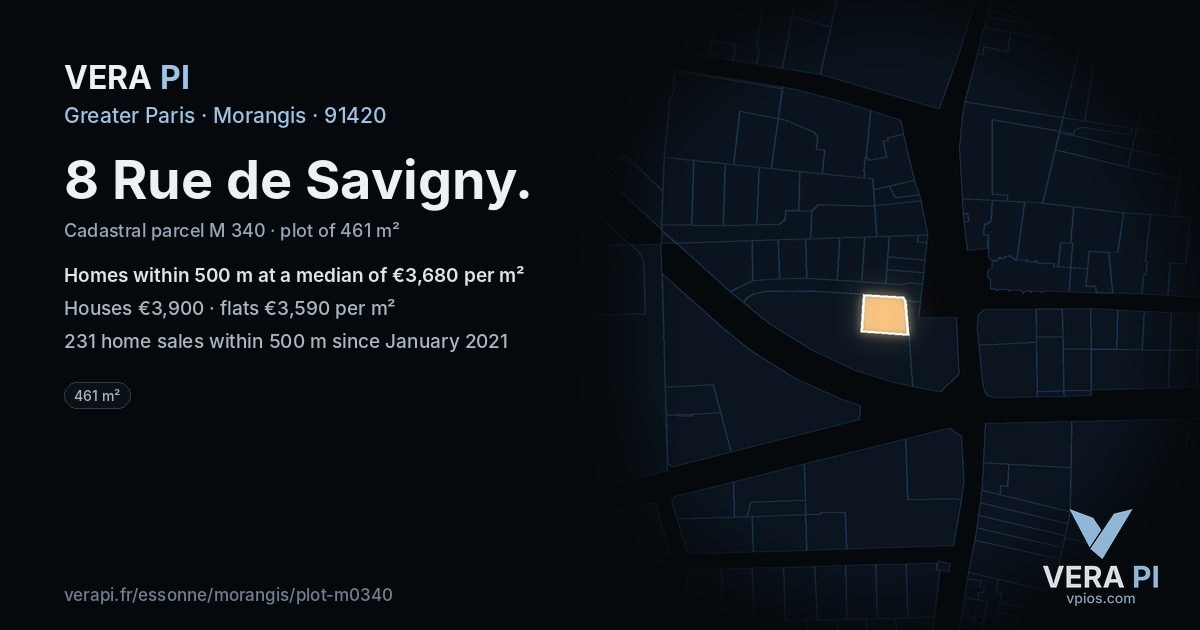 8 Rue de Savigny, Morangis at night – the plot lit, the parcels around coloured by the prices near them